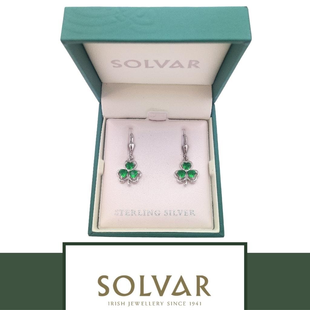 Sterling Silver Green Crystal Shamrock Drop Earrings