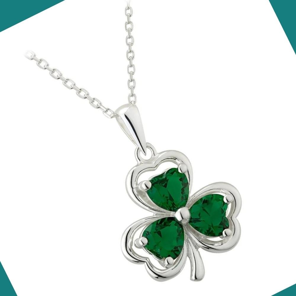 Sterling Silver Green Crystal Shamrock Necklace