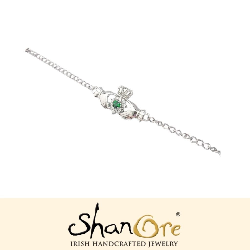 Sterling Silver Green Cubic Zirconia Claddagh Bracelet