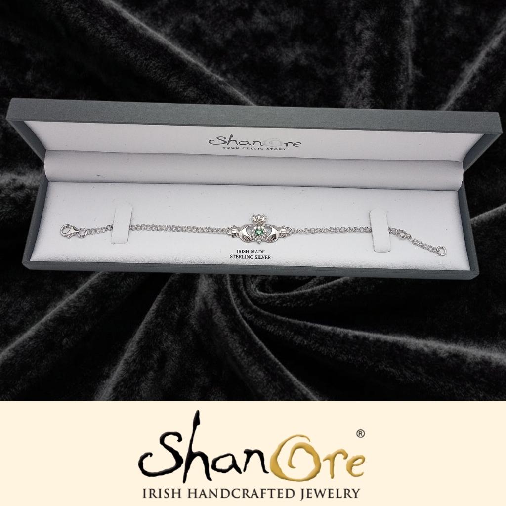 Sterling Silver Green Cubic Zirconia Claddagh Bracelet