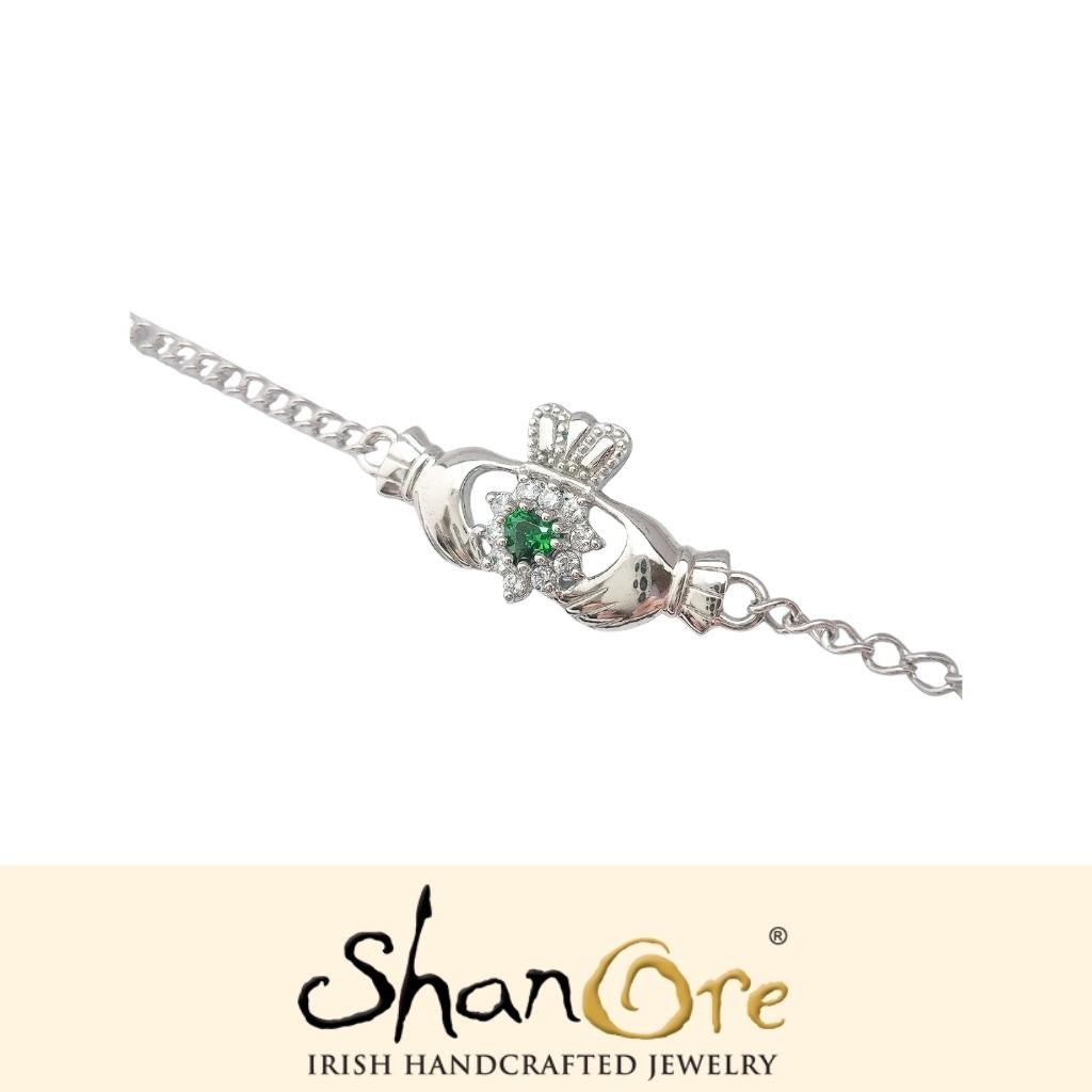 Sterling Silver Green Cubic Zirconia Claddagh Bracelet