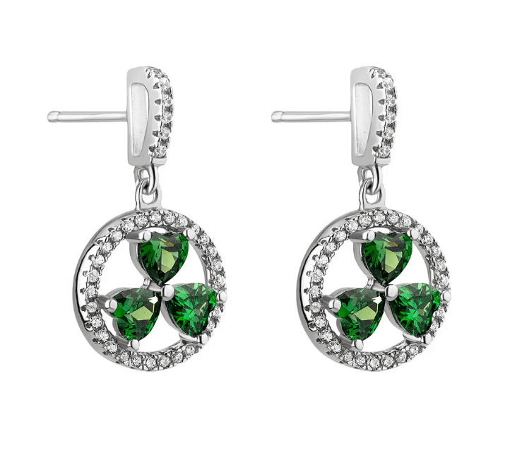 Sterling Silver Green Cubic Zirconia Shamrock Drop Earrings - The Celtic Gift Store - Earrings