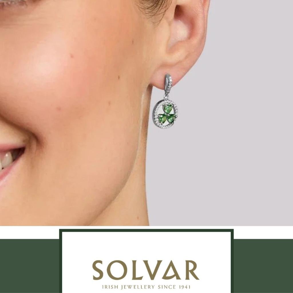 Sterling Silver Green Cubic Zirconia Shamrock Drop Earrings