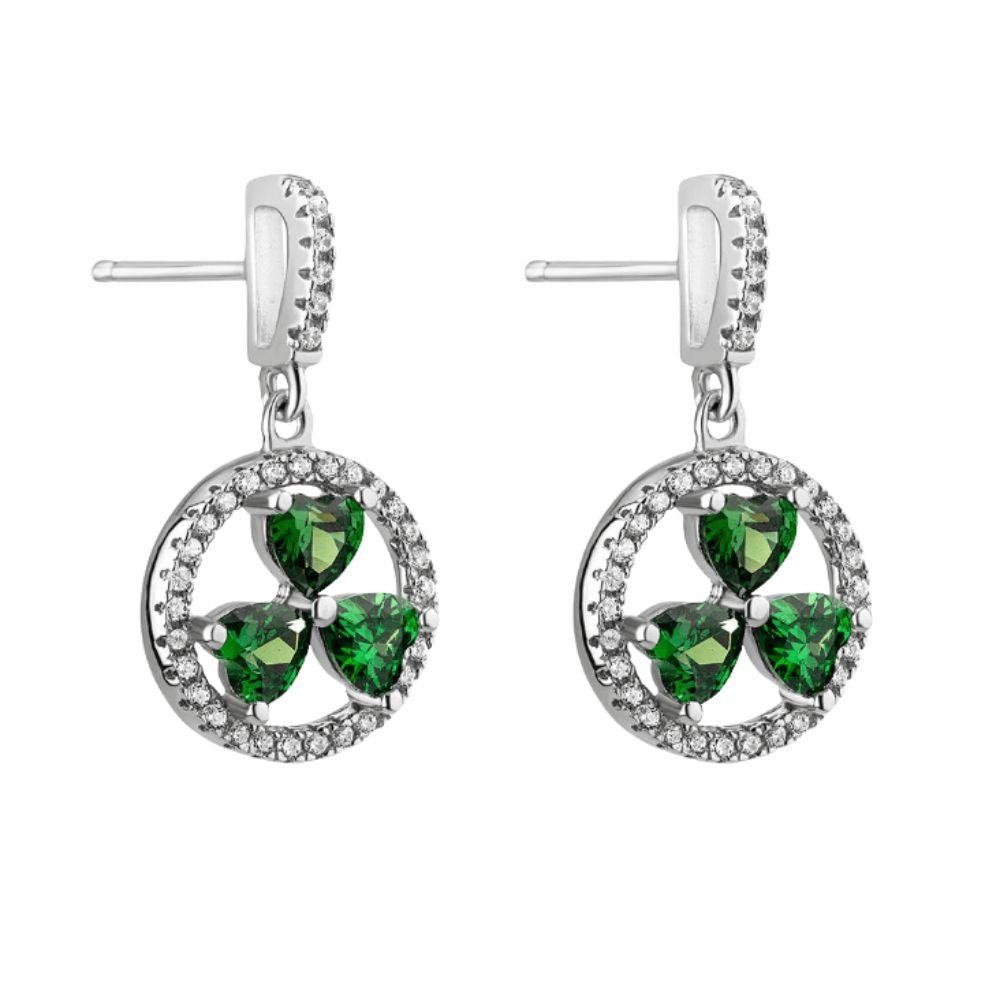 Sterling Silver Green Cubic Zirconia Shamrock Drop Earrings