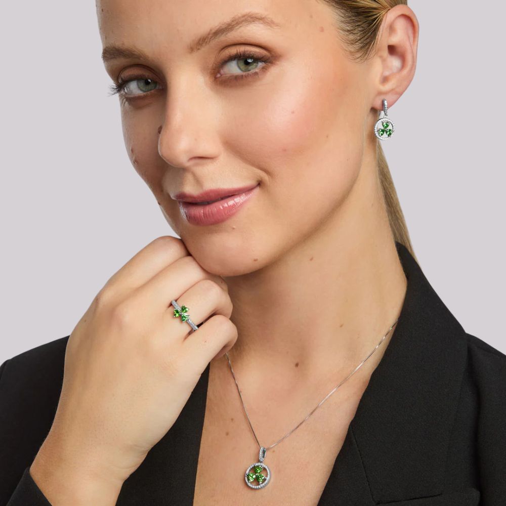 Sterling Silver Green Cubic Zirconia Shamrock Drop Earrings