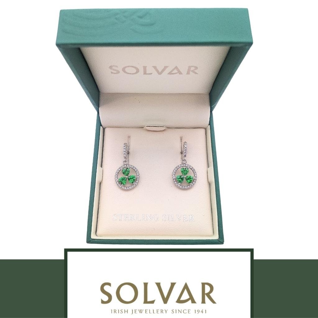 Sterling Silver Green Cubic Zirconia Shamrock Drop Earrings
