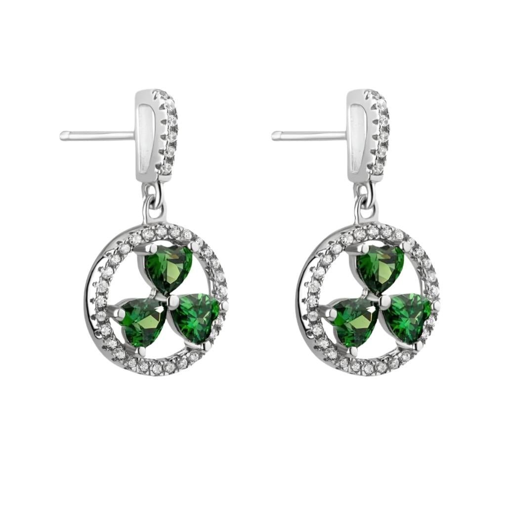 Sterling Silver Green Cubic Zirconia Shamrock Drop Earrings