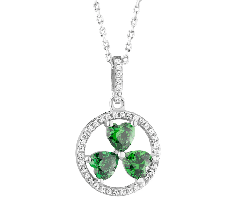 Sterling Silver Green Cubic Zirconia Shamrock Necklace - The Celtic Gift Store - Necklaces