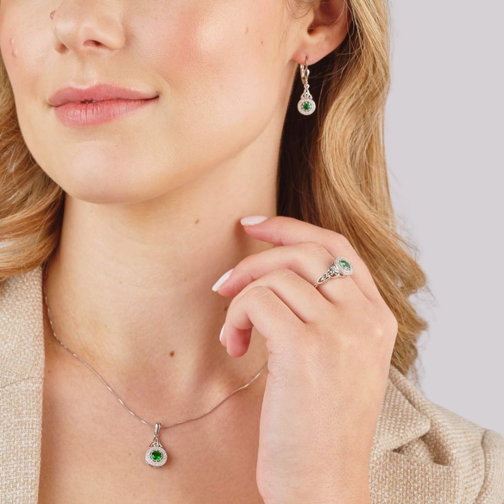 Sterling Silver Green Cubic Zirconia Trinity Knot Earrings