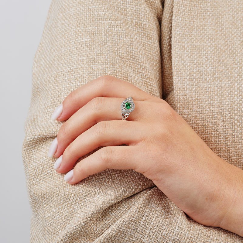 Sterling Silver Green Cubic Zirconia Trinity Knot Ring - The Celtic Gift Store - Rings
