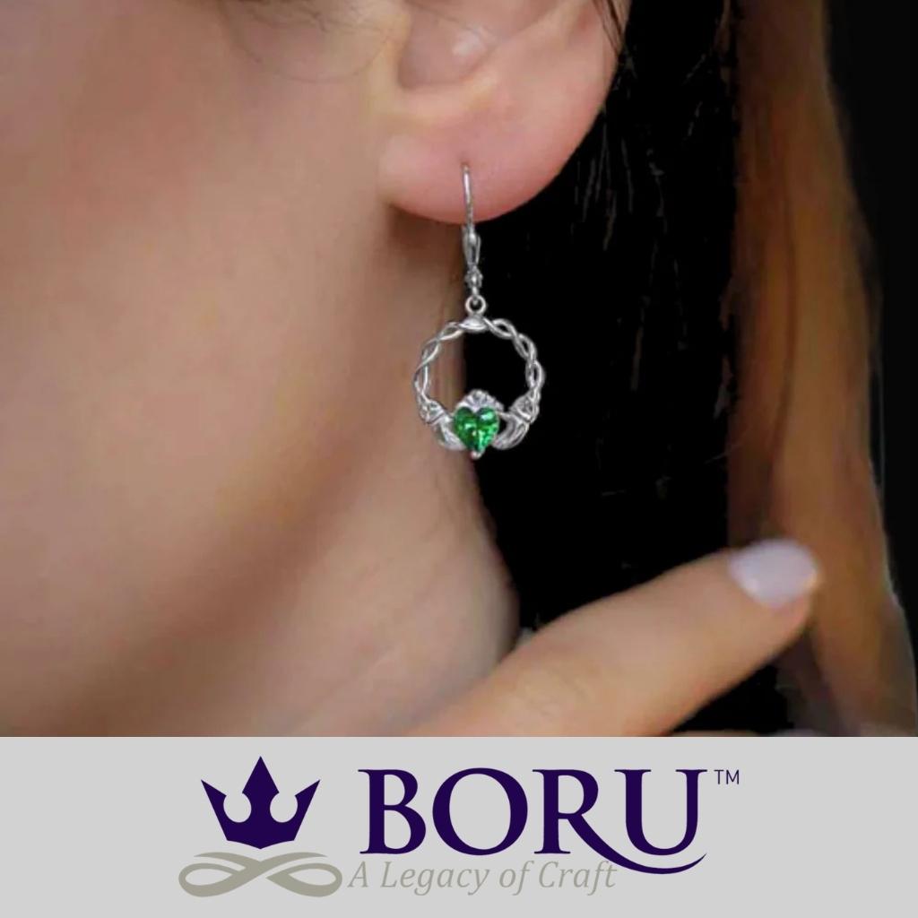 Sterling Silver Green CZ Claddagh Drop Earrings