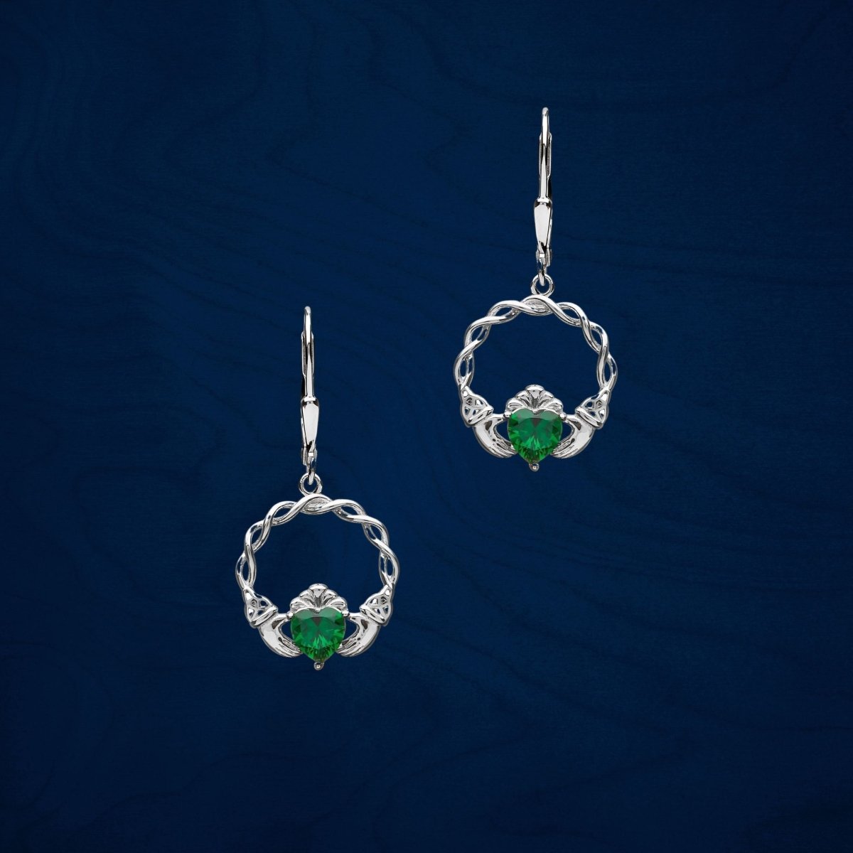 Sterling Silver Green CZ Claddagh Drop Earrings - The Celtic Gift Store - Earrings