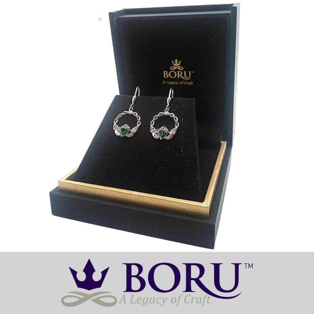 Sterling Silver Green CZ Claddagh Drop Earrings