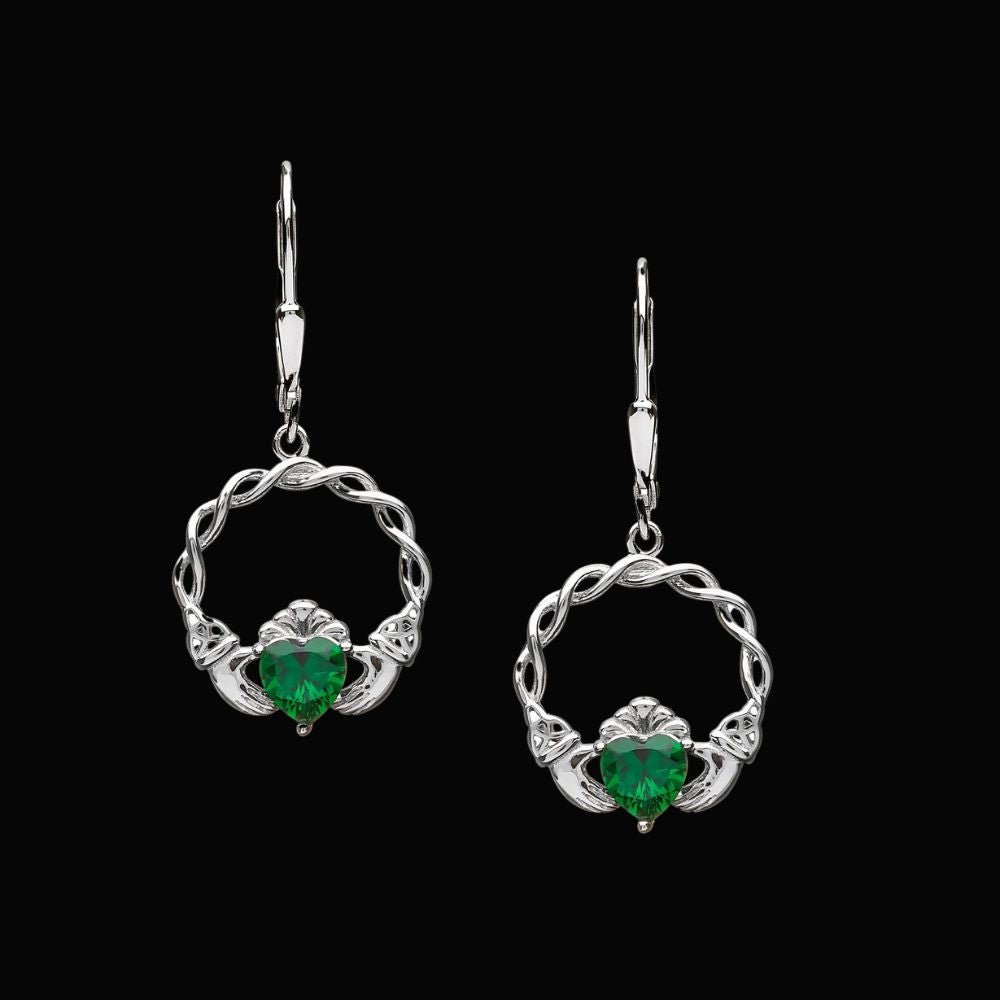 Sterling Silver Green CZ Claddagh Drop Earrings