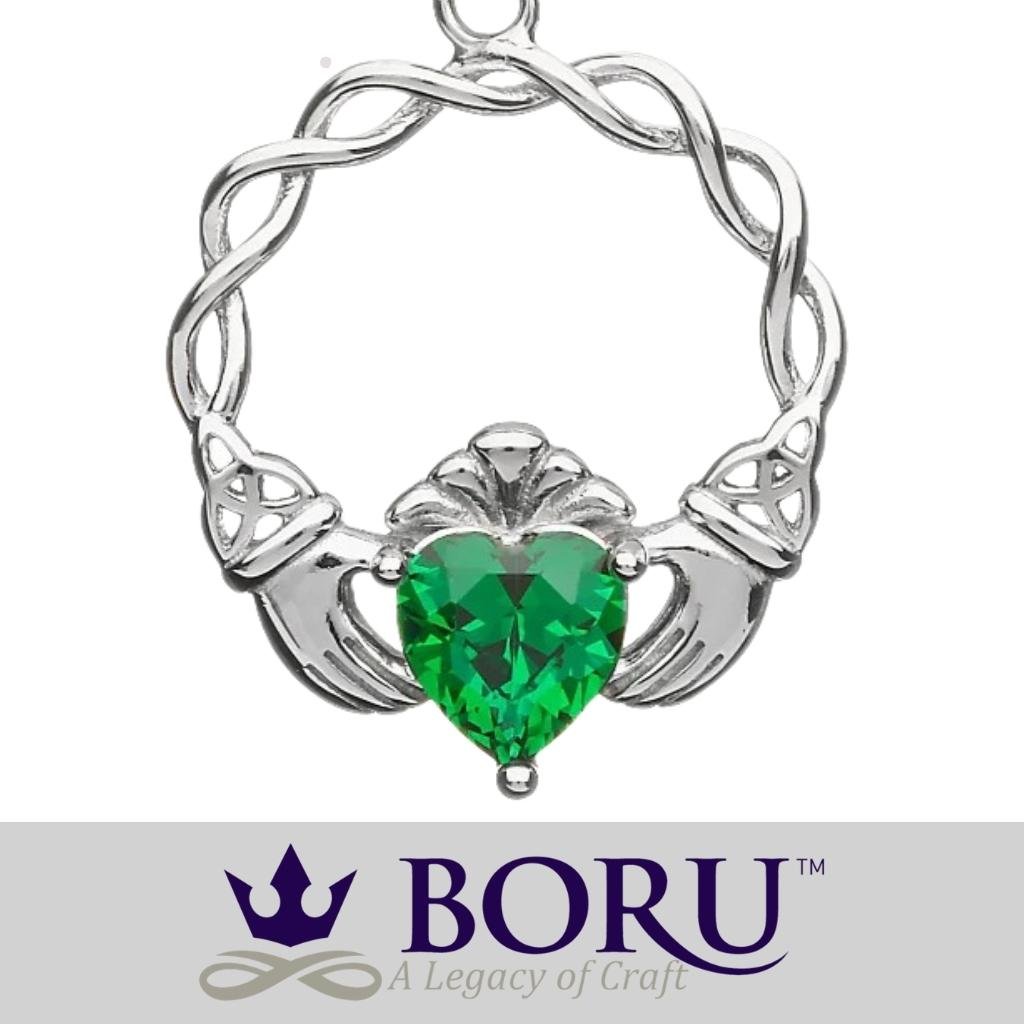 Sterling Silver Green CZ Claddagh Necklace