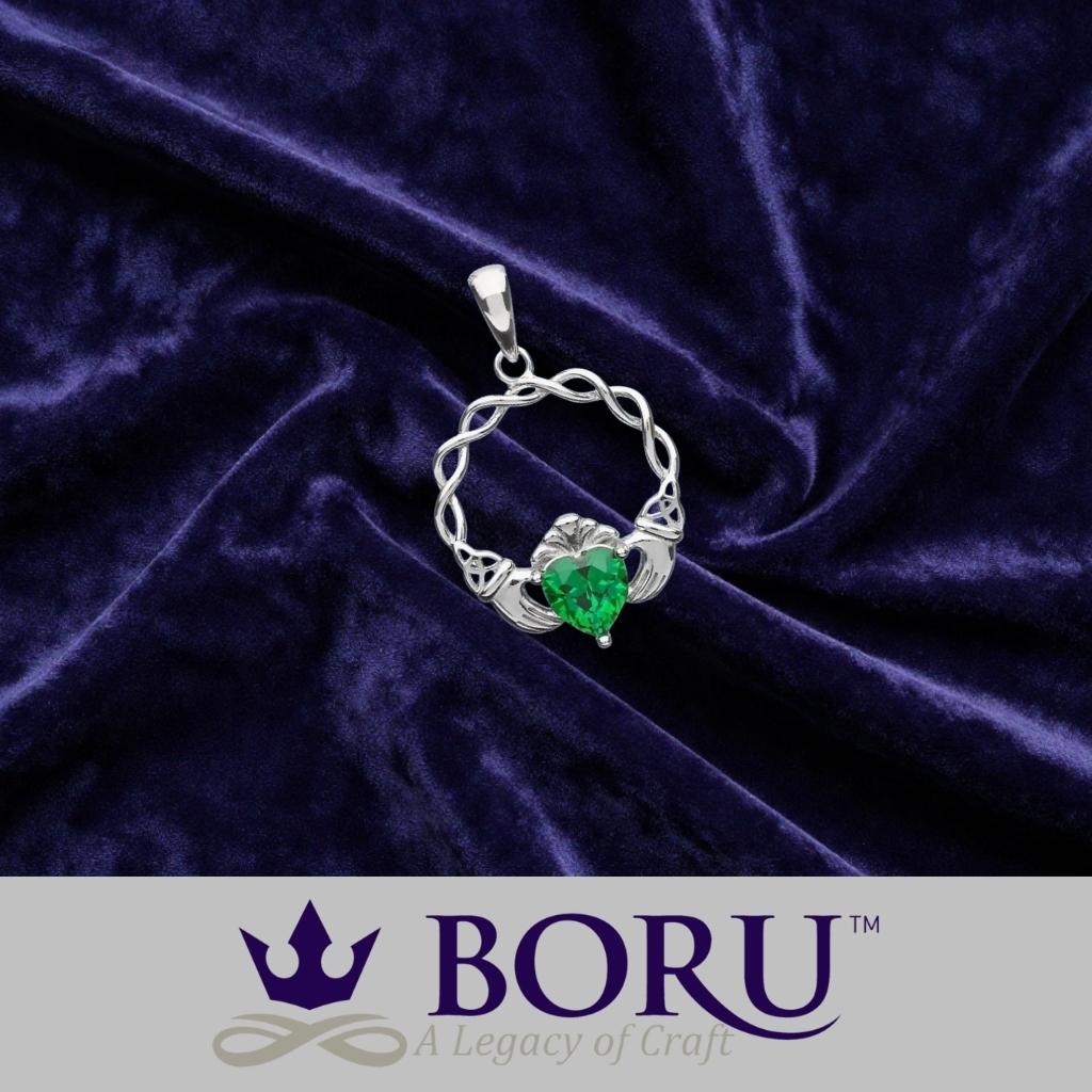 Sterling Silver Green CZ Claddagh Necklace