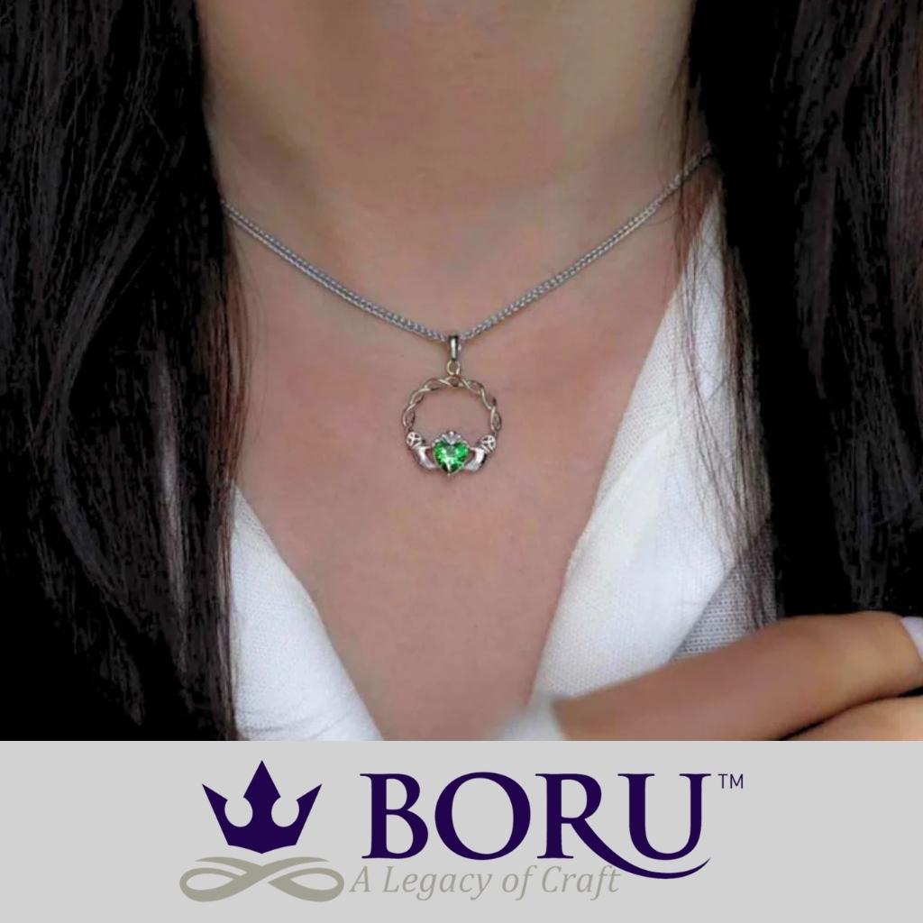 Sterling Silver Green CZ Claddagh Necklace