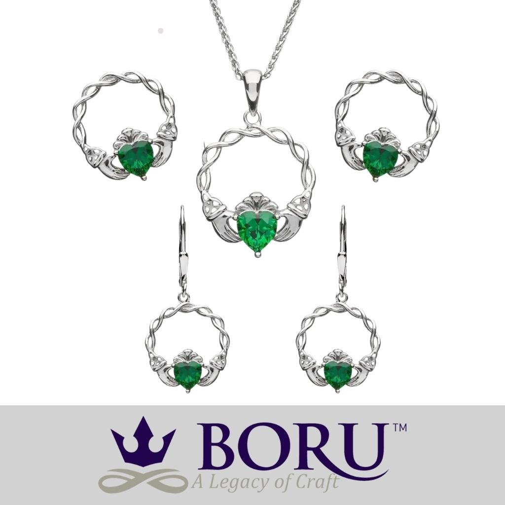 Sterling Silver Green CZ Claddagh Necklace