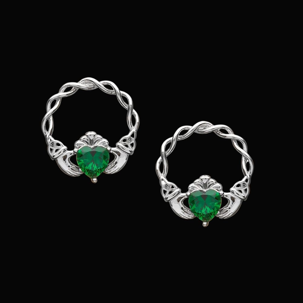 Sterling Silver Green CZ Claddagh Stud Earrings