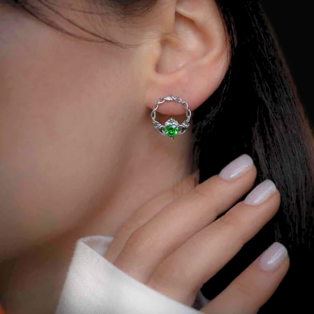 Sterling Silver Green CZ Claddagh Stud Earrings