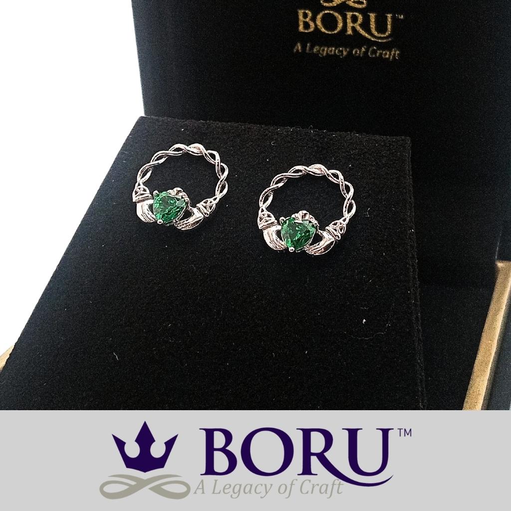 Sterling Silver Green CZ Claddagh Stud Earrings