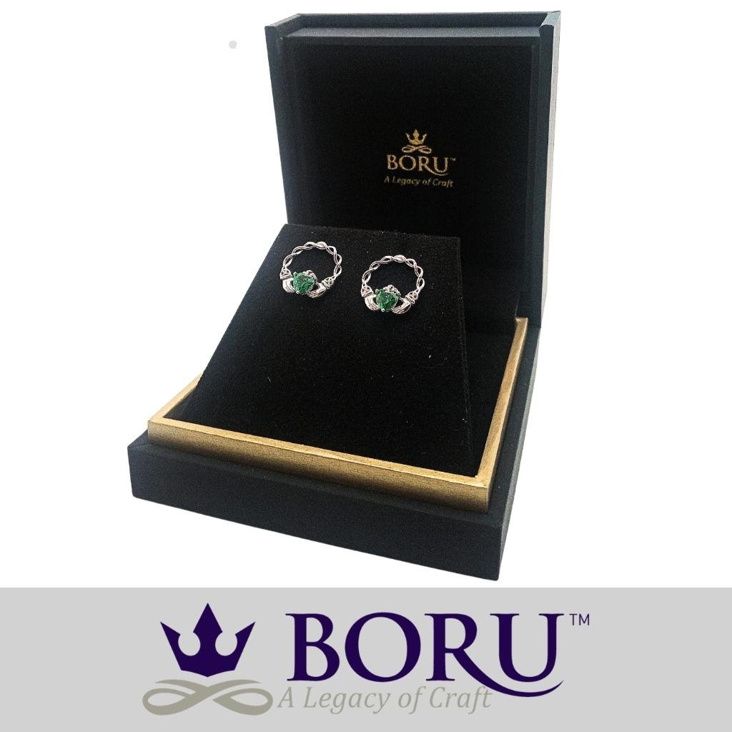 Sterling Silver Green CZ Claddagh Stud Earrings