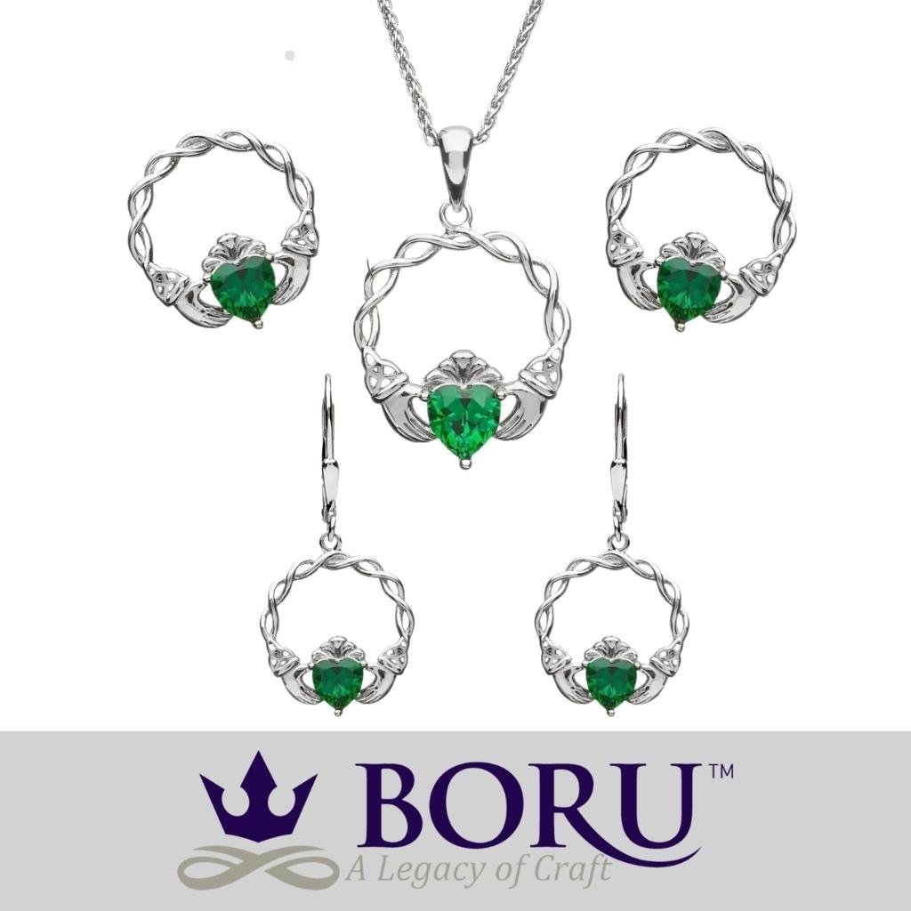 Sterling Silver Green CZ Claddagh Stud Earrings