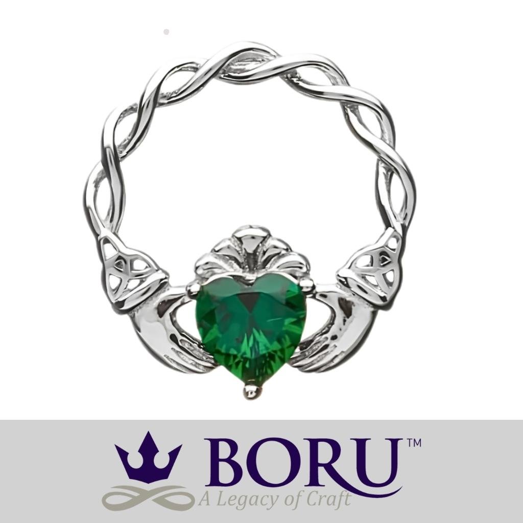 Sterling Silver Green CZ Claddagh Stud Earrings