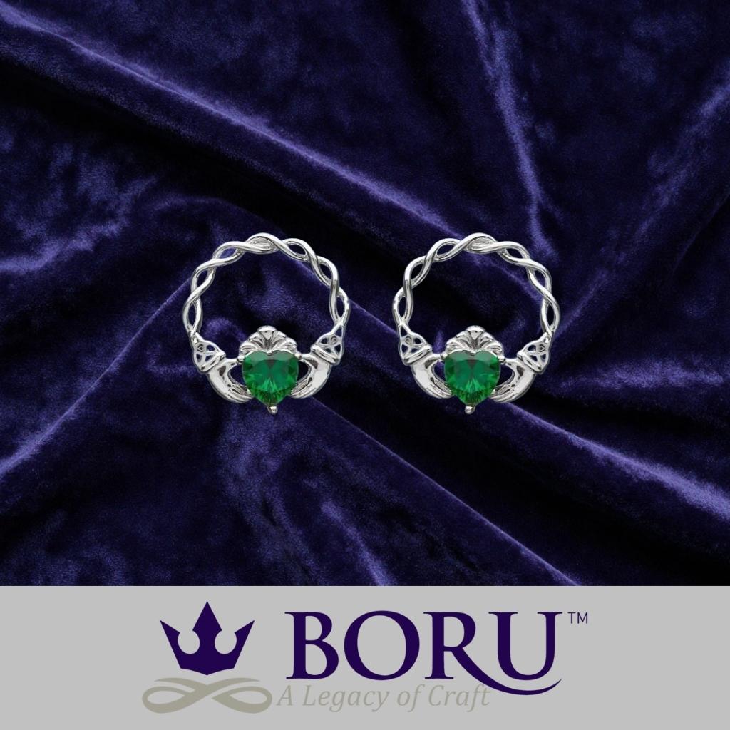 Sterling Silver Green CZ Claddagh Stud Earrings