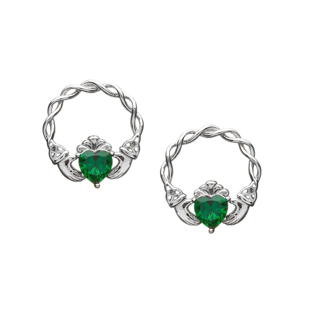 Sterling Silver Green CZ Claddagh Stud Earrings