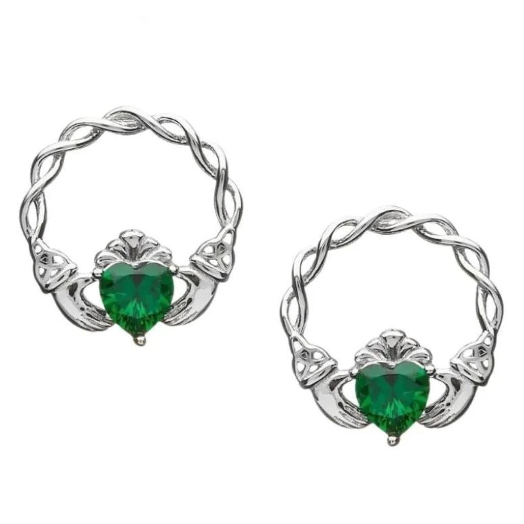 Sterling Silver Green CZ Claddagh Stud Earrings