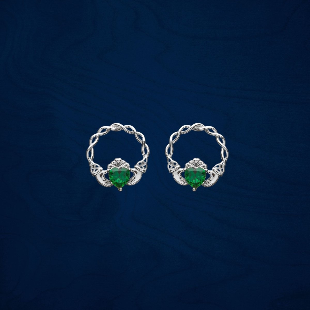Sterling Silver Green CZ Claddagh Stud Earrings - The Celtic Gift Store - Earrings