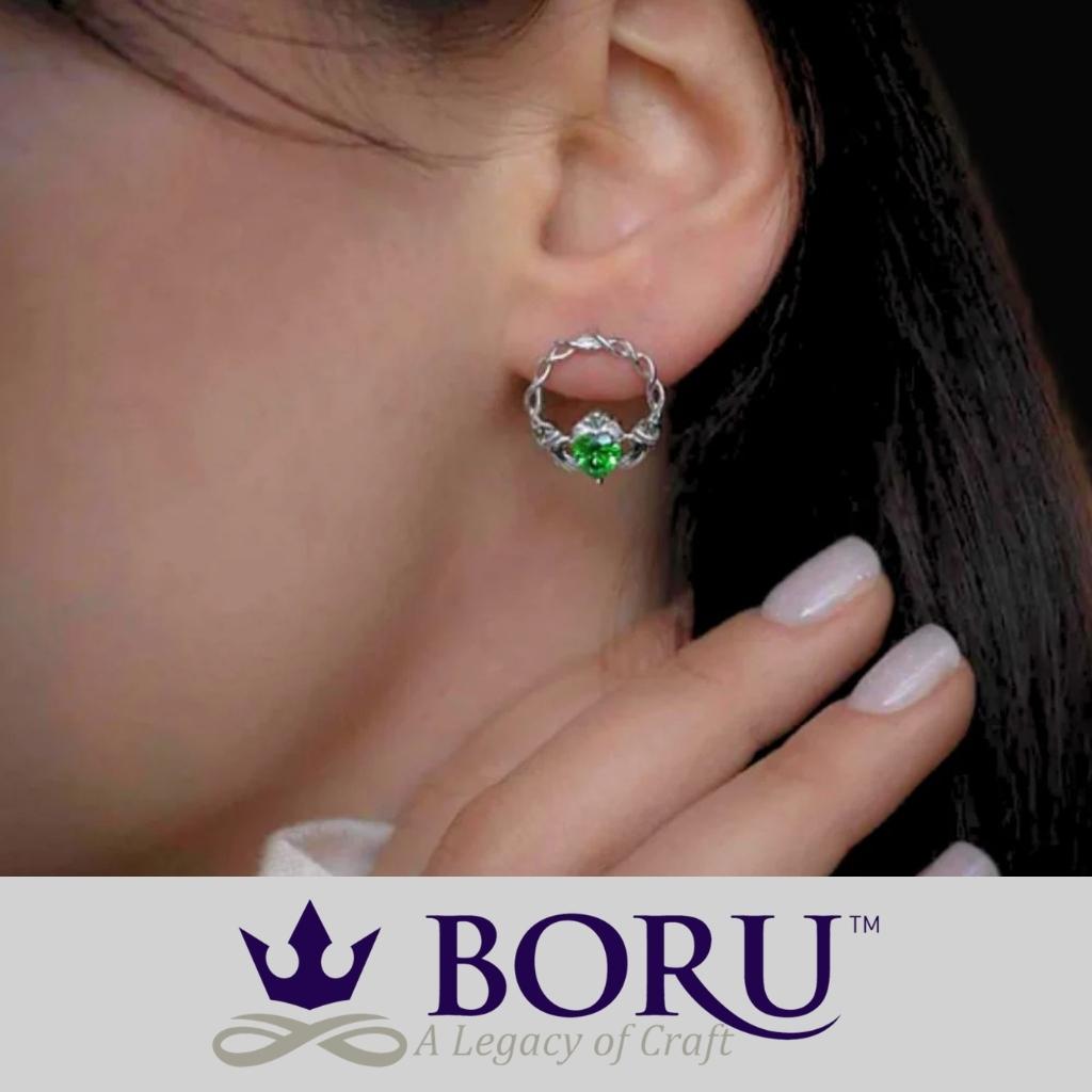 Sterling Silver Green CZ Claddagh Stud Earrings