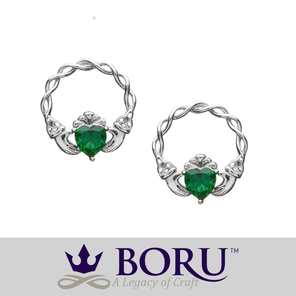 Sterling Silver Green CZ Claddagh Stud Earrings