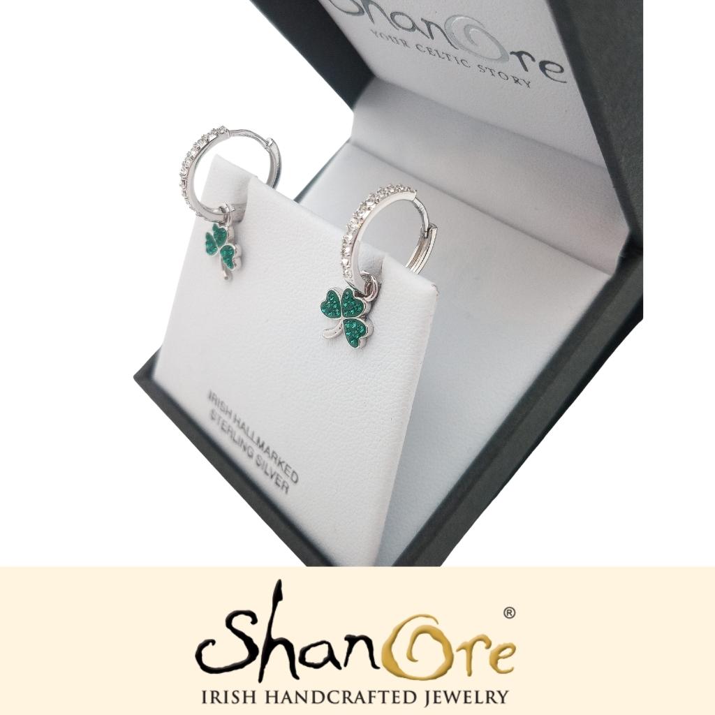 Sterling Silver Green CZ Shamrock Earrings