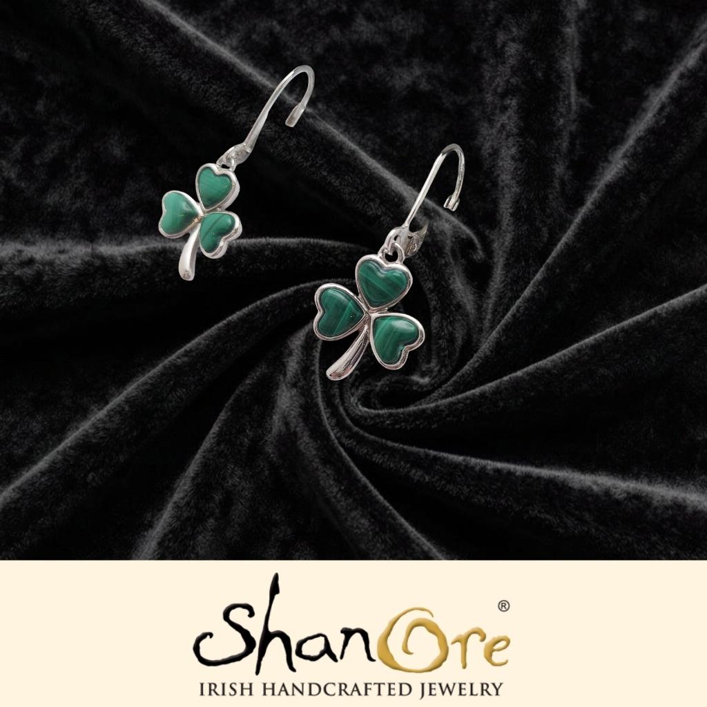 Sterling Silver Malachite Shamrock Drop Earrings