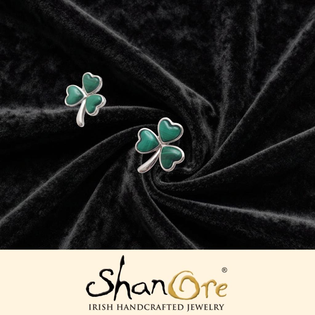 Sterling Silver Malachite Shamrock Stud Earrings