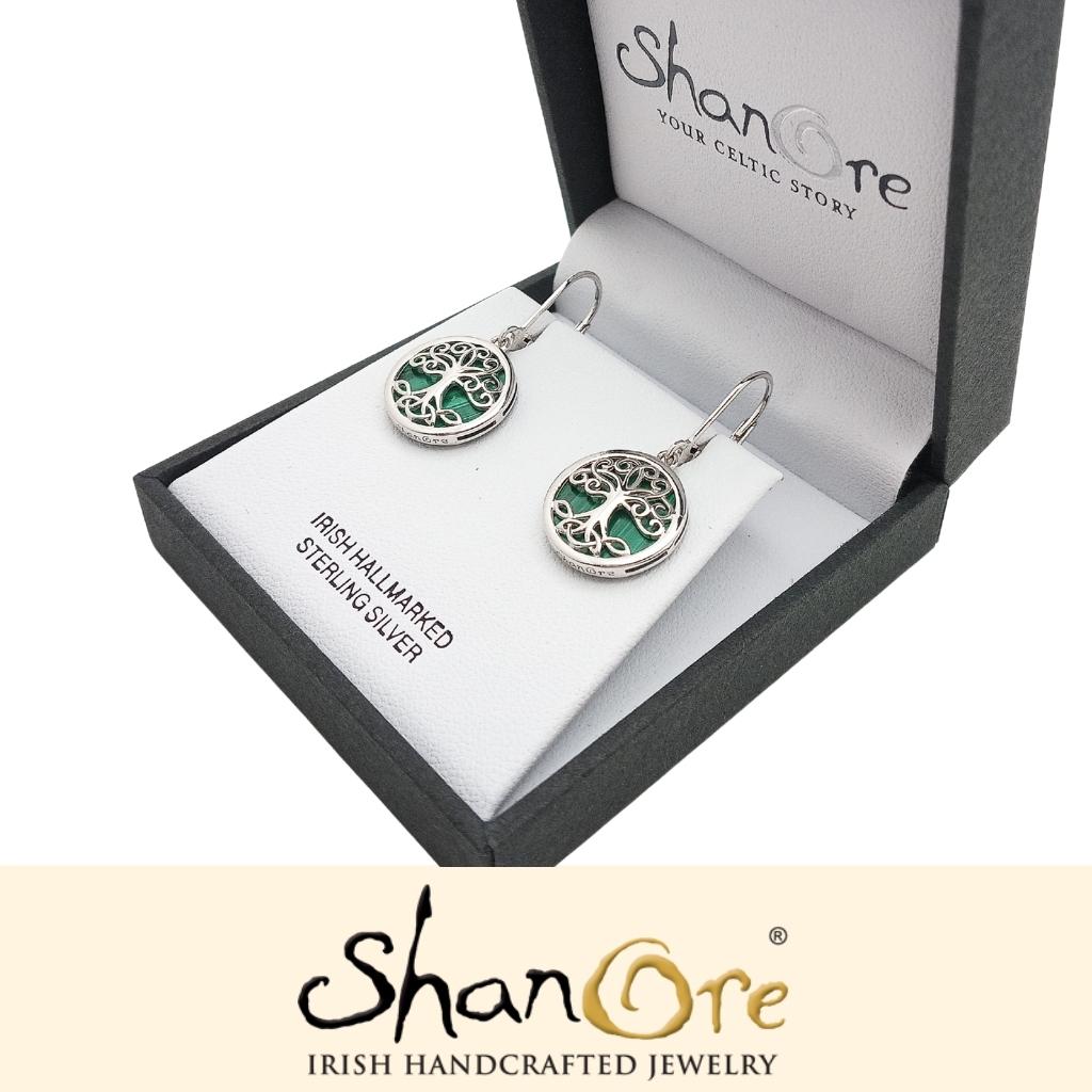 Sterling Silver Malachite Tree of Life Drop Earrings