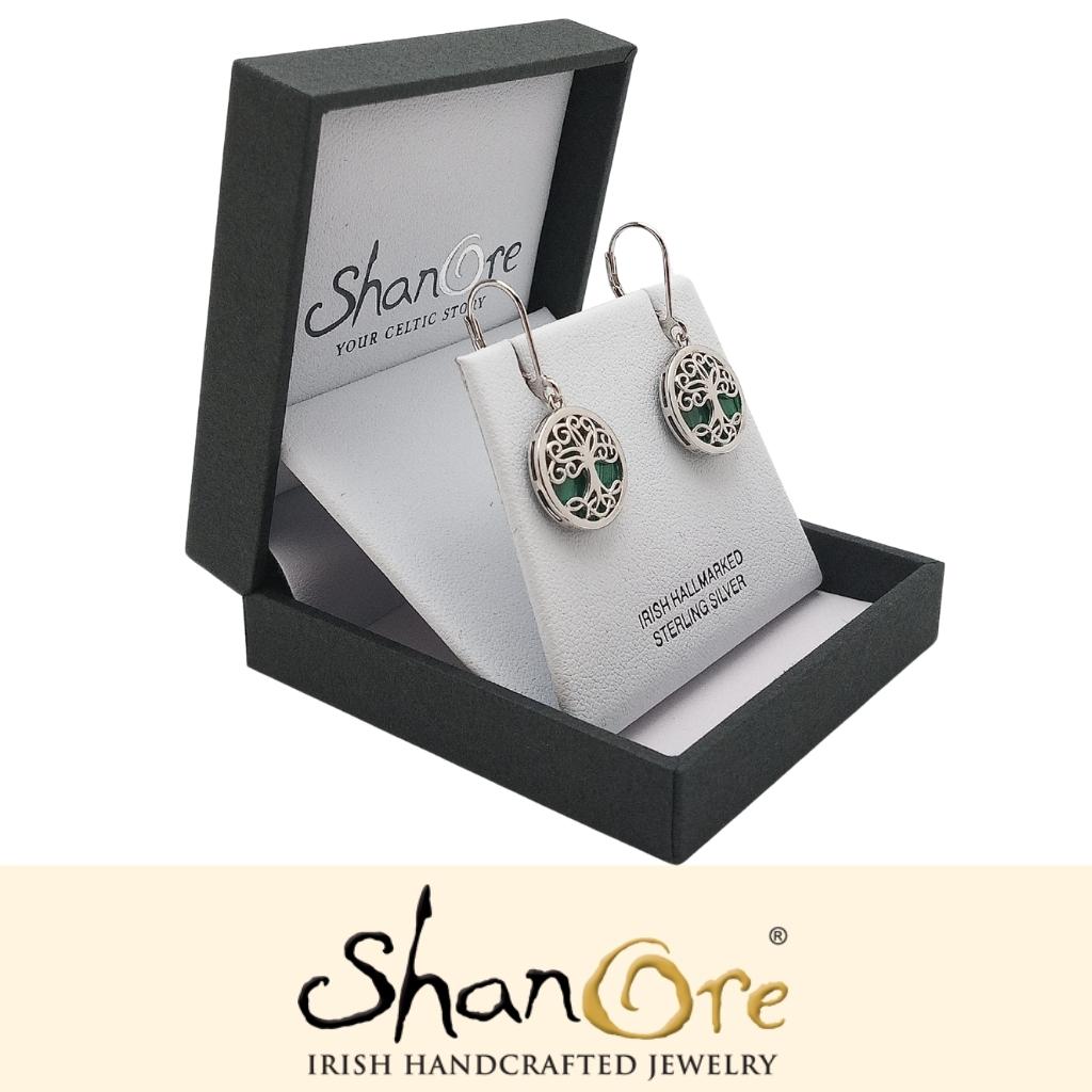Sterling Silver Malachite Tree of Life Drop Earrings