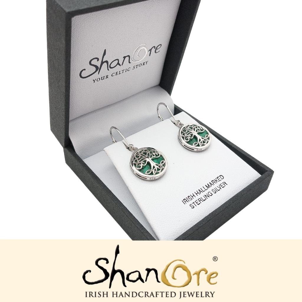 Sterling Silver Malachite Tree of Life Drop Earrings