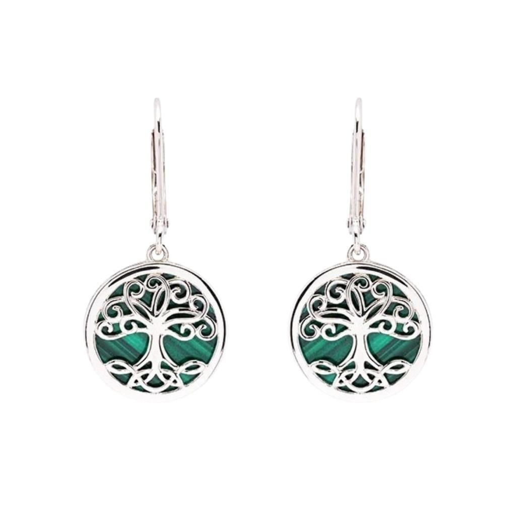 Sterling Silver Malachite Tree of Life Drop Earrings
