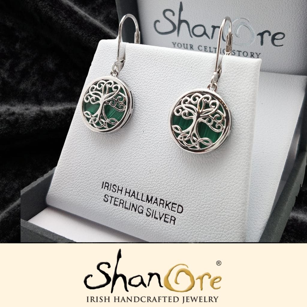 Sterling Silver Malachite Tree of Life Drop Earrings