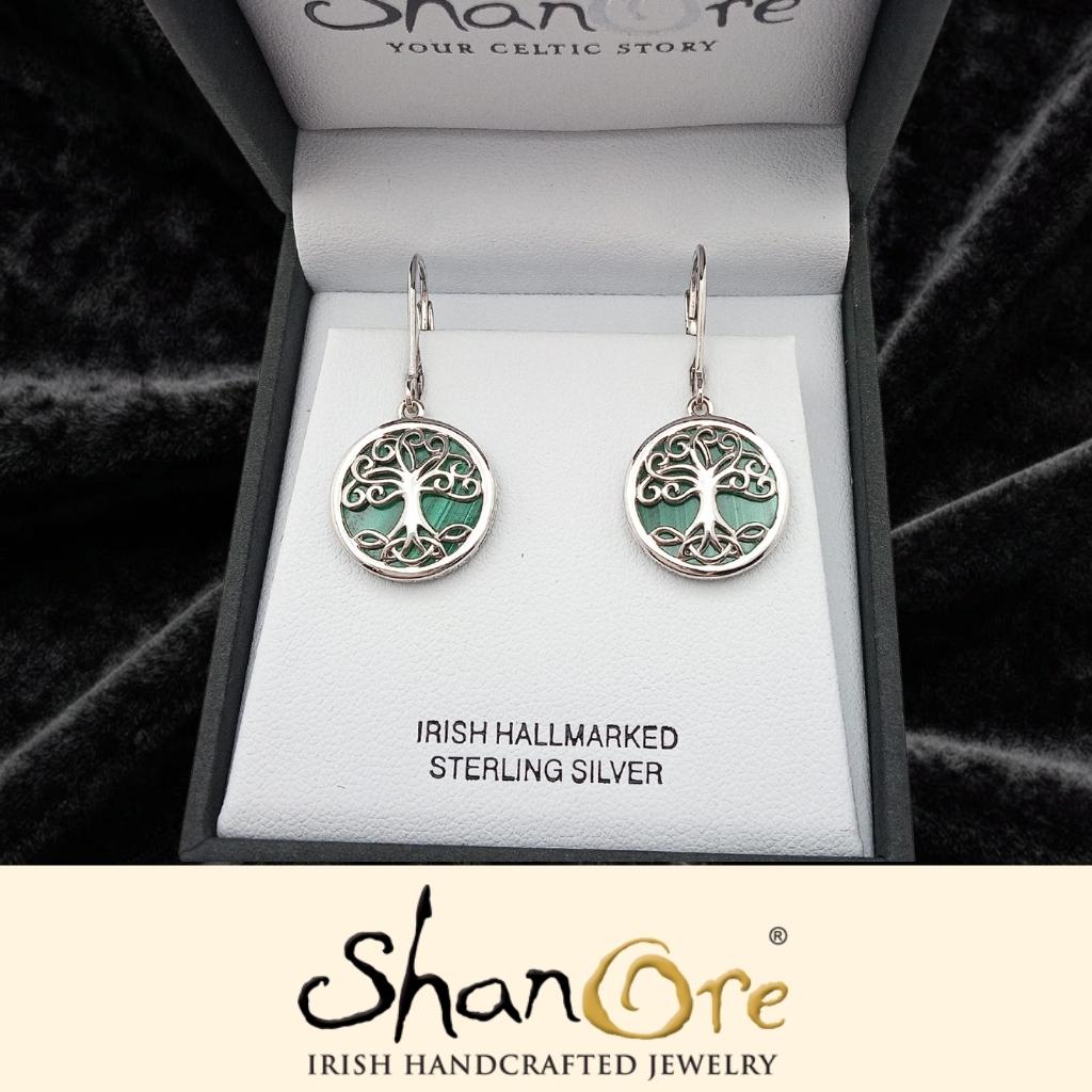Sterling Silver Malachite Tree of Life Drop Earrings