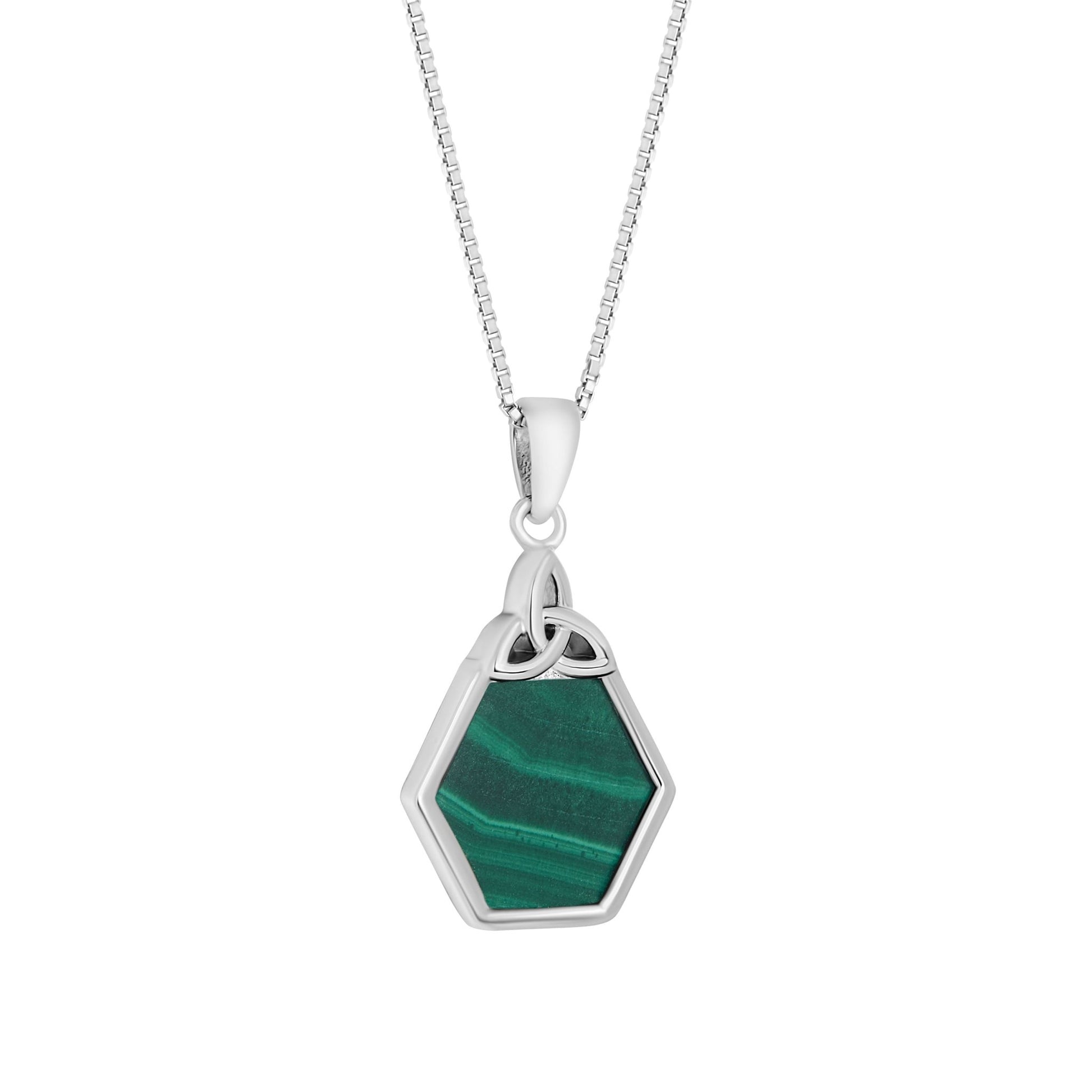 Sterling Silver Malachite Trinity Knot Hexagon Necklace - The Celtic Gift Store - Necklaces