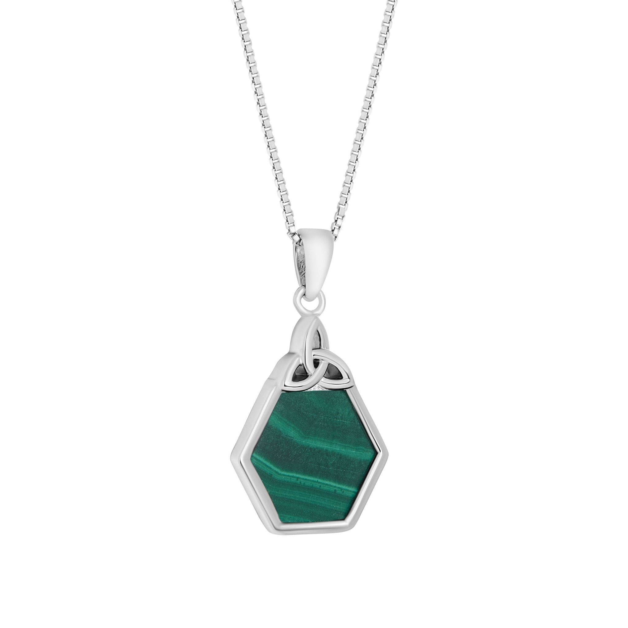 Sterling Silver Malachite Trinity Knot Hexagon Necklace - The Celtic Gift Store - Necklaces