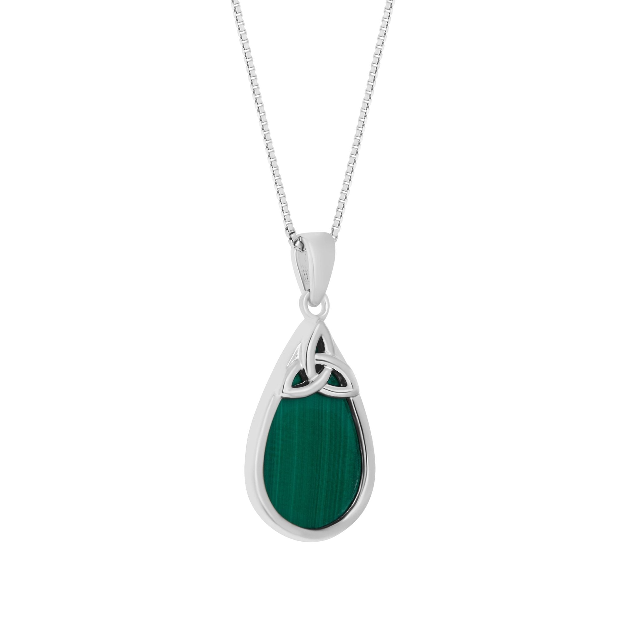 Sterling Silver Malachite Trinity Knot Tear Shaped Necklace - The Celtic Gift Store - Necklaces