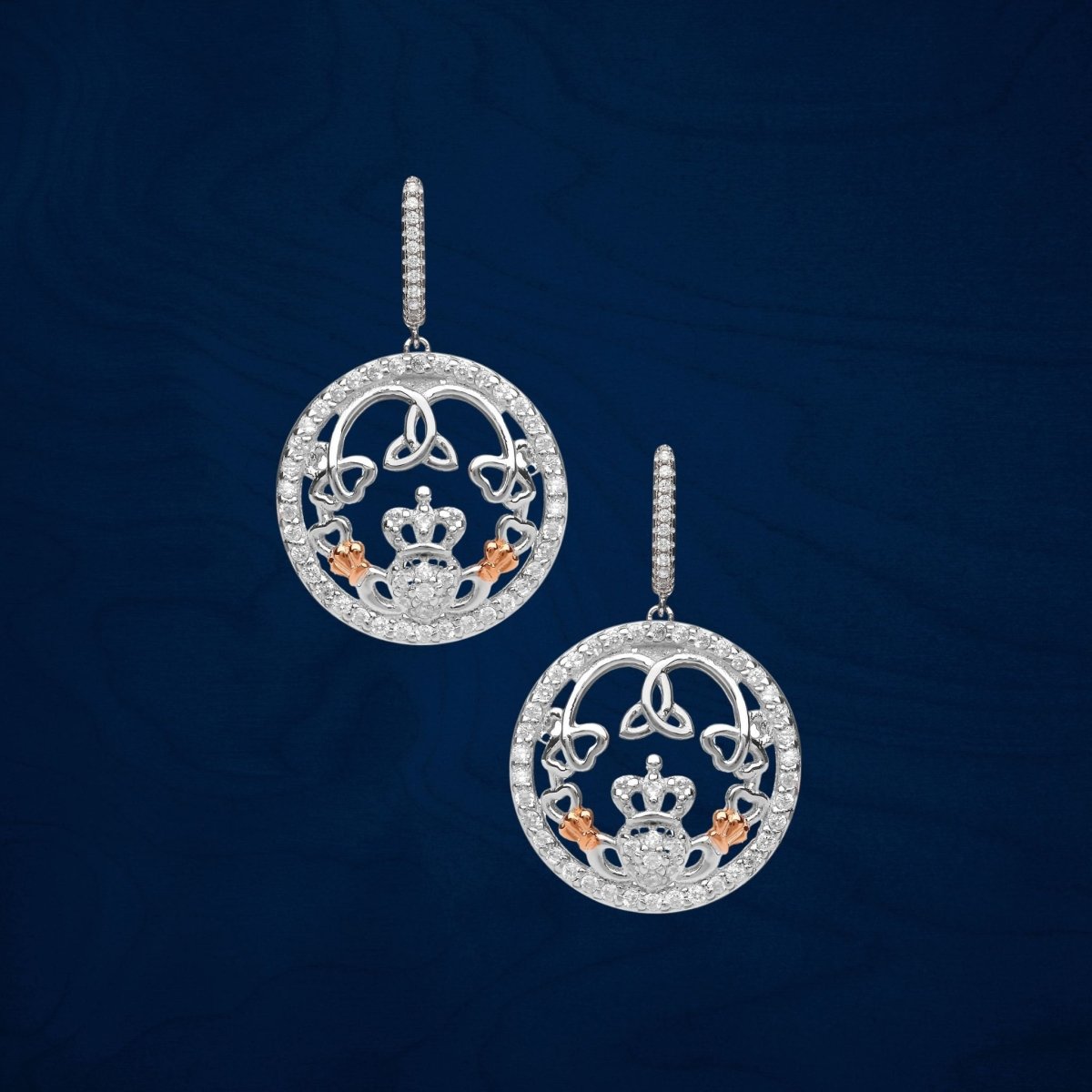 Sterling Silver Rose Gold Claddagh CZ Drop Earrings - The Celtic Gift Store - Earrings