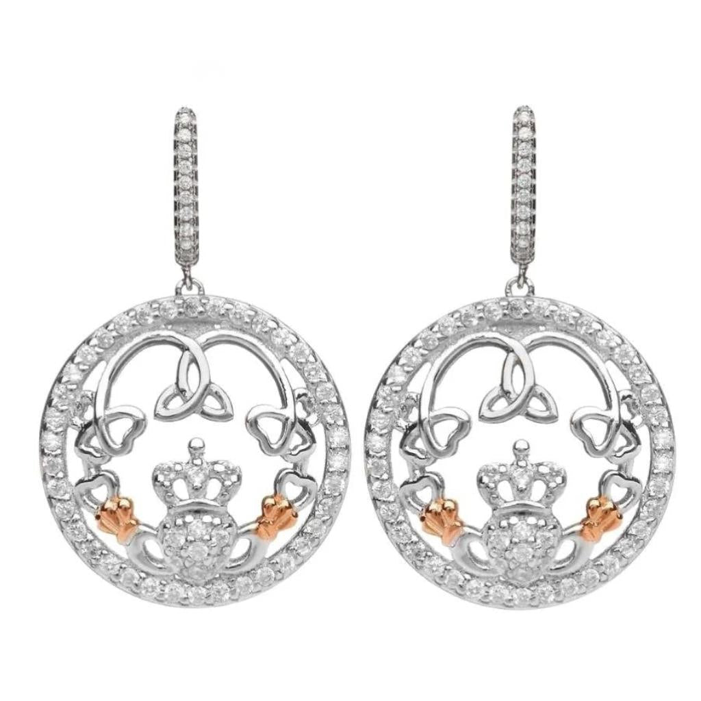 Sterling Silver Rose Gold Claddagh CZ Drop Earrings