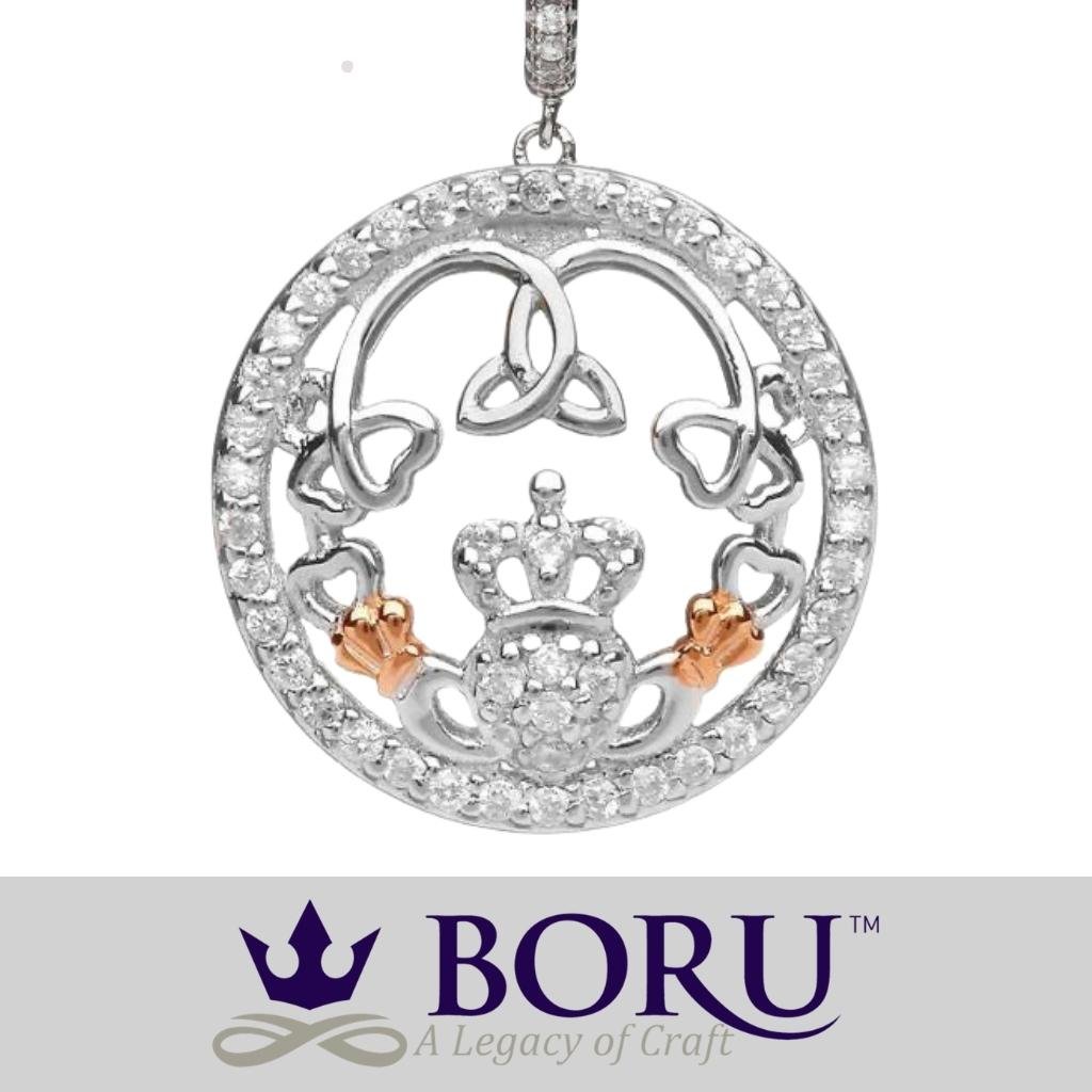 Sterling Silver Rose Gold Claddagh CZ Drop Earrings
