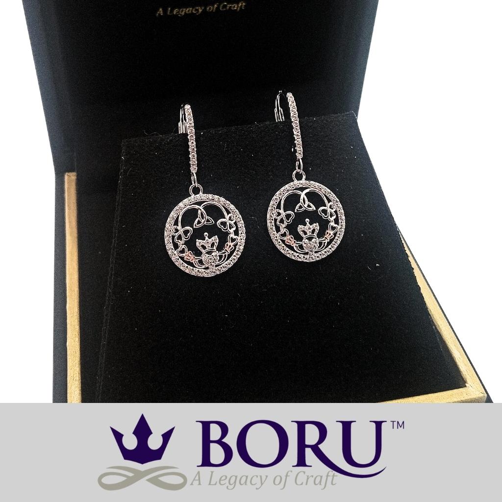 Sterling Silver Rose Gold Claddagh CZ Drop Earrings